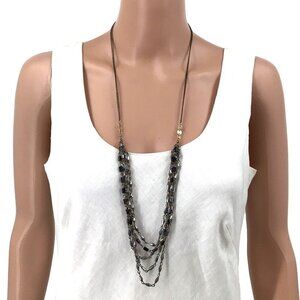 Multi Tier Long Necklace Gold Tone Silver Beaded Chain